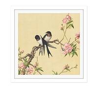 Castiglione Peach Blossom Birds Painting Square Wooden Framed Wall Art Print Picture 16X16 Inch