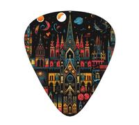 Castle and starry sky at night printed guitar picks, 12-piece set with thin, medium, and thick styles, comes with a storage case