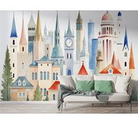 Castle Architecture Wall Mural, Self-Adhesive Peel & Stick Wallpaper, Watercolor Landscape Design Photo Wallpaper for Living Room & Bedroom (150x100 cm), F-340