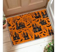 Castle Area Rug, Halloween Gothic Bat Tree Halloween Orange Low Pile Edge Binding Doormat Throw Rug Rectangle Laundry Room Bathroom Doorway Entryway Decor 2' X 3'