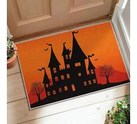 Castle Area Rug, Halloween Spooky Bats Tree Halloween Orange Low Pile Doormat Rectangle Print Accents Rug Bathroom Bedside Entryway Door Decor 2' X 3'