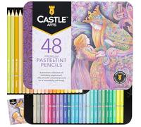 Castle Art Supplies 48 Pasteltint Coloured Pencils Set | Quality Colours in Softer, Sumptuous Tones | for Professional and Adult Artists | Protected and Organised in Presentation Tin Box