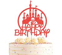 Castle Birthday Cake Topper - Red Glitter Castle Theme Birthday Party Cake Decoration Supply - Princess Prince Happy Bday Cake Topper Photo Prop