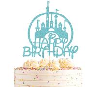 Castle Birthday Cake Topper - Sky Blue Glitter Castle Theme Birthday Party Cake Decoration Supply - Princess Prince Happy Bday Cake Topper Photo Prop