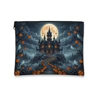 Castle Canvas with Zipper, Gothic Spooky Pumpkins Ghost Halloween Black Canvas with Zipper Cosmetic Travel Bag for Travel, Purse, Bathroom, Vanity and Daily Storage, Black, 7x9 Inch, Gothic