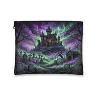 Castle Canvas with Zipper, Gothic Spooky Tombstones Trees Halloween Violet Portable with Zipper Toiletry Travel Bag for Travel, Vanity, Bathroom, Purse Storage and Daily Use 7x9 Inch