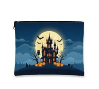 Castle Canvas with Zipper, Spooky Gothic Moon Bats Halloween Black Canvas with Zipper Makeup Bag for Purse for Travel, Purse, Bathroom, Vanity and Daily Storage, Black, 7x9 Inch, Spooky