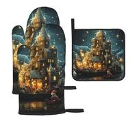 Castle Christmas On The Ship Printed Oven Mitts And Pot Holders Sets Oven Mitts Heat Resistant Oven Gloves For Cooking Baking Kitchen BBQ