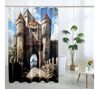 Castle Door Shower Curtain with Hooks mid Century Modern Western Brick Painting Brown and Blue Polyester Bathroom Accessories Waterproof for Walk in Home Hotel stall Bathtub Shower Curtain 72x72inch