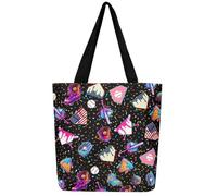 Castle Fairy Baseball Drip Kids Canvas Tote Bag,Ball Sport Ice Cream Gaming Reusable Handbag for Girls Woman,Game Dessert Candy Chic Beach Handheld Bag,Colorful Black