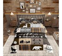 Castle Fairy Bear Print Full Size Comforter Set,Deer Antler Wolf Animals Hunting Adventure Bedding Comforters Bedroom Collection,Lodge Arrow Retro Brown Camper Plaid Bedding Set for Girls Teens