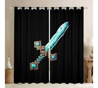 Castle Fairy Blue Sword Window Curtain,Pixelated Check Sword Bedroom Decor Curtains,Sandbox Block Gaming Window Treatment Kids Boys Modern Black Games Theme 30-50% Blackout Drapes 2 Panels,52Wx84L