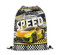 Castle Fairy Boy Race Car Drawstring Backpack Black and White Plaid Flag Sackpack, Neon Yellow, 13"X16", Modern