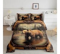 Castle Fairy Cabin Lodge Bear Kids Comforter King,Rustic Farmhouse Country Bedding Set for Teens Youth Children Men,Wild Animals Themed Quilt Sets,Vintage Wooden Cabin Decor Bedding Comforter Set