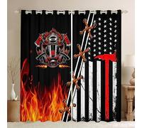 Castle Fairy Firefighter Window Curtains,American Flag Curtain,Burning Flame Window Drapes for Kids Teens Boys Young Man,Modern Bedroom Decorative,Red and Black Curtain,38Wx45L