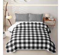 Castle Fairy Gingham Quilted Bedspread Twin Size,Black White Classic Quilt Bedding Set,Geometric Minimalist Bed Covers for All Season,Modern Grid Plaid Quilted Coverlet 2 Pieces,1 Pillowcase