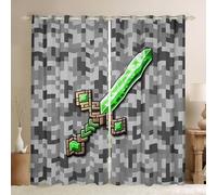 Castle Fairy Green Gemstone Window Curtain,Green Brown Sword Privacy 30-50% Blackout Curtain for Window Grey Pixel Shade Windows Covering for Bedroom Miner Theme Square Drapes 2 Panels,42Wx63L