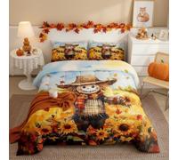 Castle Fairy Kawaii Scarecrow Comforter Set Queen Size Sunflower Maple Leaves Field Bedding Set 3pcs,Watercolor for Kids Boys Girls Room Decor,Retro Rustic Piece All Season with 2 Pillowcases