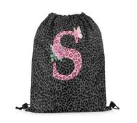 Castle Fairy Leopard Print Drawstring Backpack 13"X16" Monogram, Pink Black S, 13"X16"