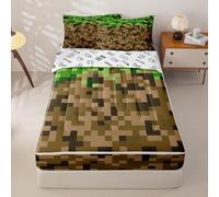 Castle Fairy Miner Style Zipper Bedding Set Twin Size Brown Green Pixel Comforter Sets for Kids Boys Teens Cartoon Gamepad Bed in a Bag Pixelated Games Comforters + Fitted Sheet, 2 Pillowcases