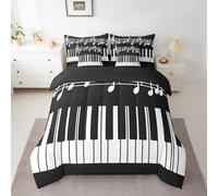Castle Fairy Music Theme Queen 7 Pcs Bedding Sets Black White Piano Keyboard Comforter Set for Kids Teens Adults All Season (Comforter Flat Sheet Fitted Sheet 2 Pillowcases 2 Throw Pillow Covers)