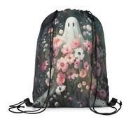 Castle Fairy Oil Painting Style Ghost Drawstring Bag, Pink White, 13"X16", Classic