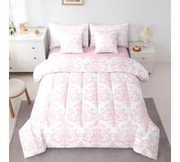 Castle Fairy Pink White Damask Kids 7 Pieces Comforter Set Twin Size,Antique Victorian Baroque Boho Reversible Quilt Set,Vintage Gothic Lace Floral Print Bedding Set with Comforter,Sheet,Pillowcase