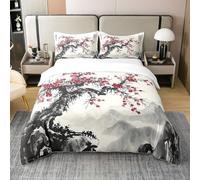 Castle Fairy Queen Size 100% Cotton Red Plum Blossom Duvet Cover Old Tree Ink Painting Bedding Set Japanese Style Comforter Cover Mountain Aesthetic Room Decor Bedclothes Zipper,No Comforter