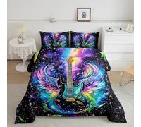Castle Fairy Rock Guitar Comforter Set Full Size,Hip Hop Music Bedding Set 3 Pcs for Boys Girls,Galaxy Starry Stars Pattern Quilted Duvet for Kids,Watercolor Tie Dye Print Duvet Insert,2 Pillowcases