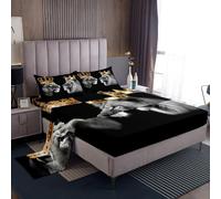 Castle Fairy Wild Lion Couple Bed Sheets King Size,Gold King and Queen Crown,Quality Brushed Microfiber Luxury Bed Sheet with Flat,Tropical African Animal Fitted Sheet, with 2 Pillowcases