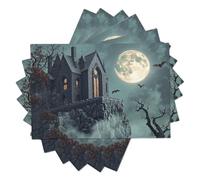 Castle Full Moon Bats Placemats for Dining Table Set of 8 | Dark Gothic Style Washable Heat-Resistant Placemats Decor for Kitchen Indoor Outdoor Patio Party 45x30cm