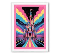 Castle in Neon Light Modern Framed Wall Art Print A4 (29.7×21cm) White, Wall Decor for Living Room, Bedroom, Office & Home, Ready to Hang, Art Gift