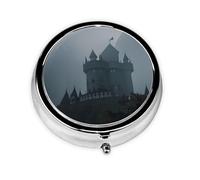Castle in The Fog Printed Round Travel Pill Box Cute Small Metal Pocket Pill Case for Men & Women 3 Compartment Portable Pill Organizer for Purse or Pocket