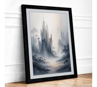 Castle in the Mist Romantic Framed Wall Art Print A3 Black