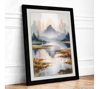 Castle in the Mist Scandinavian Framed Wall Art Print A3 Black