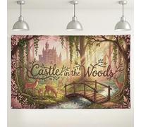 Castle in the Woods Backdrop, Enchanted Forest Vintage Theme Decorations, Rustic Peach Nature Scene for Photography Events and Parties 71x43 Inch