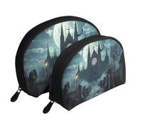 Castle Moon and Church Ghost Cemetery Printed Makeup Bags 2-Piece Portable Shell Travel Toiletry Bag
