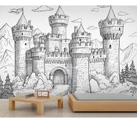 Castle Mural Medieval Castle Wallpaper Line Drawing Illustration Wall Mural Giant 3D Wallpaper Commercial Scale Coffee Shop Lounge Gallery (Non-self-Adhesive)
