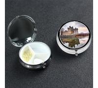 Castle Near Lake Stones Pill Box 3 Compartment Round Portable Pill Case for Pocket or Purse Pill Holder Weekly Pill Organizer Decorative Metal Medicine Vitamin Organizer Travel Gift