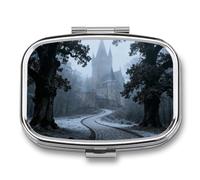 Castle Pathway Woods Pill Box 2 Compartments Portable Travel Pill Case Mini Medicine Organizer for Pocket Purse Metal Waterproof Medicine Container Holder Vitamin Fish Oil