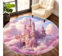 Castle Round Rug 210cm, Pink Castle Circle Rugs, Cherry Blossoms Rug, Washable Round Carpet for Kitchen Dining Living Room Bathroom Beneath the Furniture