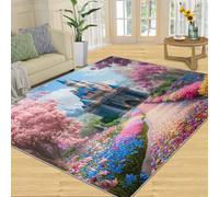 Castle Rug, Flowerbeds Rugs for Bedroom, Colorful Living Room Rug, Non Slip Washable Rugs, Area Carpet & Home Decor