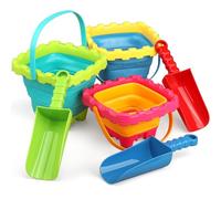 Castle Sand Beach Bucket Toy with Shovels Sifter Spade, Foldable Bucket For Kids Adults, Large Silicone Pail Collapsible Buckets, Sandbox Kit with Scoops For Outdoor Indoor Travel Camping Beach 6 PCS