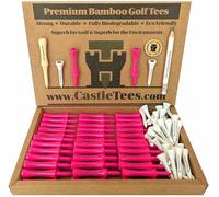 Castle Tees Official Pink 50 pcs x 60mm 2 1⁄3 inch Pink Premium Bamboo Golf Tees + 40 pcs 42mm Straight Tees with a Free Pitch Repair Tool, Ball Marker & Pencil. Very strong Great Golf Gift.