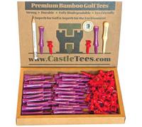 Castle Tees Official Purple Tees 50 pcs x 65mm + Red Tees 40 pcs x 32mm Premium Bamboo Golf Tees with a Free Pitch Repair Tool, Ball Marker & Pencil. Very strong Great Golf Gift.