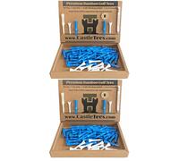 Castle Tees Official Sky Blue 2 Pack - 100 pcs x 55mm Premium Bamboo Golf Tees Free Pitch Repair Tool, Ball Marker & Pencil. Twice the strength of regular bamboo very strong Great Golf Gift.