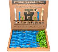 Castle Tees Official Sky Blue Tees 50 pcs x 55mm 2 1⁄3 inch + Green Tees 40 pcs x 25mm 1 inch Premium Bamboo Golf Tees with a Free Pitch Repair Tool, Ball Marker & Pencil. Very strong Great Golf Gift.