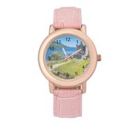 Castle Urquhart Funny Watches for Women Pink Leather Strap Quartz Watch for Small Wrists