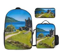 Castle Urquhart Trendy Backpack Set for Unisex Lightweight 17inch Daypack with Lunch Bag And Pencil Case 3pcs
