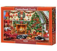 CASTORLAND 500 Piece Jigsaw Puzzles, Cozy Fireplace, Christmas Living Room, Decorated Tree, Fireplace and Sleeping Dogs, Festive Holiday Art., Adult Puzzle, B-54060